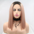 12" Lace Front Synthetic Wig in Pink with Black Roots, Mid-Length
