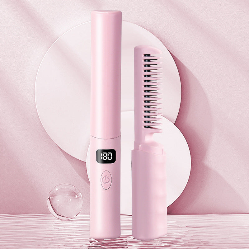 Pink rechargeable cordless heated hair straightening comb and brush with LCD digital temperature display, USB charging, quick heat technology, anti-scald bristles, portable travel design, frizz control and smoothing styling tool for sleek straight hair on a soft pink background.