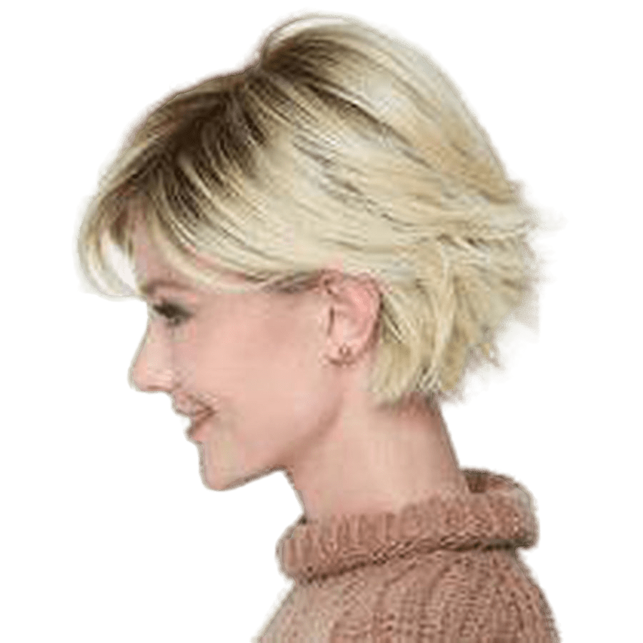 A woman shown in side profile wearing a short blonde wig with layered bangs and a textured, slightly wispy top layer. She is wearing a brown knit turtleneck sweater against a plain white background.