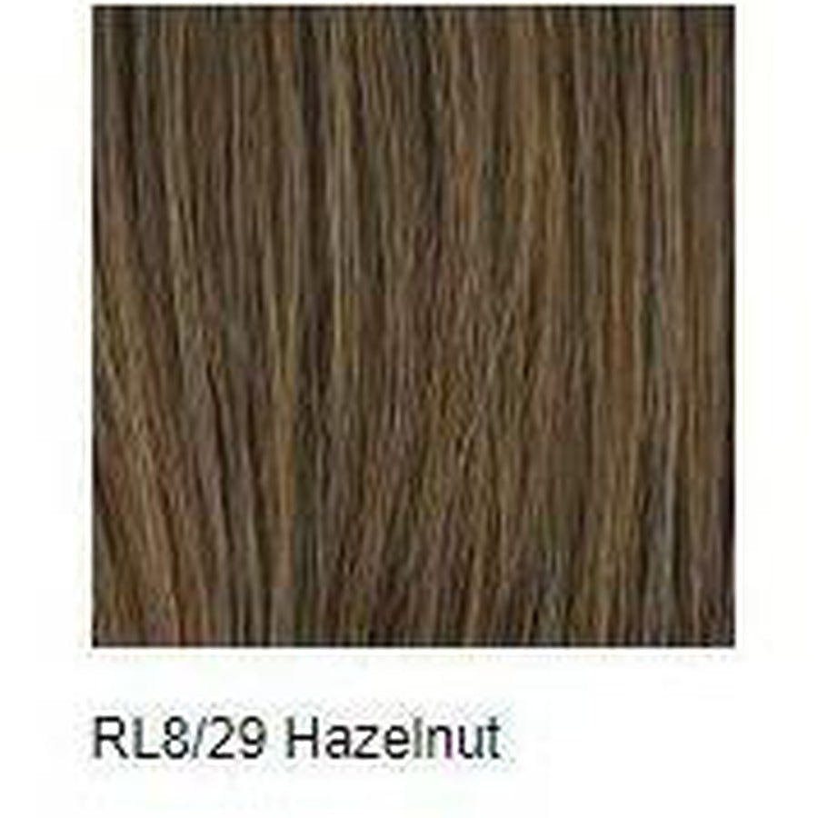 A hair color swatch labeled 'RL8/29 Hazelnut' showing straight medium brown hair with subtle lighter brown highlights, on a white background.
