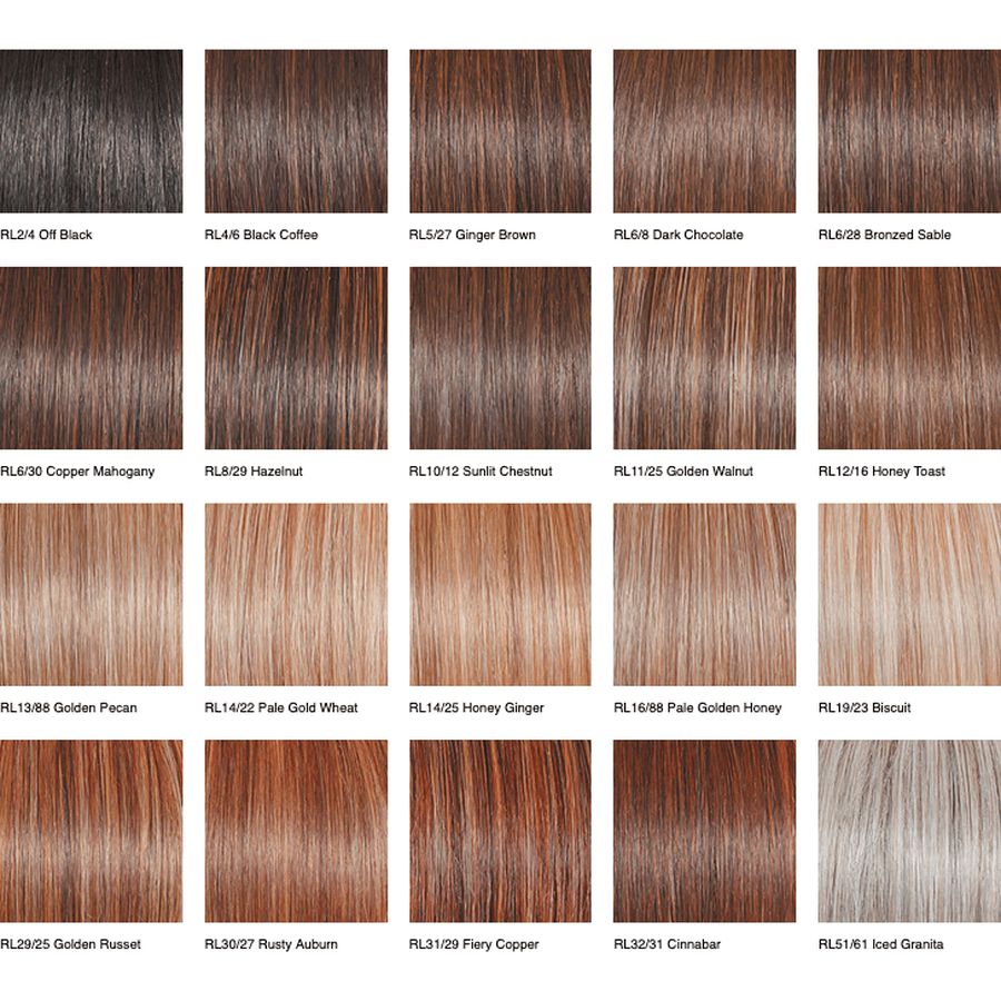 A grid of 24 hair color swatches labeled with shade names such as Off Black, Ginger Brown, Dark Chocolate, Bronzed Blonde, Copper Mahogany, Suit Chestnut, Golden Walnut, Honey Toast, Golden Pecan, Pale Gold Wheat, Honey Ginger, Pale Gold Honey, Biscuit, Rusty Auburn, Flaky Copper, Cinnabar, and Iced Granita.