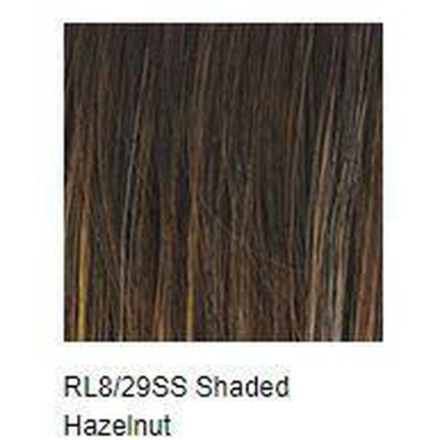 A hair color swatch labeled 'RL8/29SS Shaded Hazelnut' showing a square sample of dark brown hair with subtle warm brown highlights on a white background.