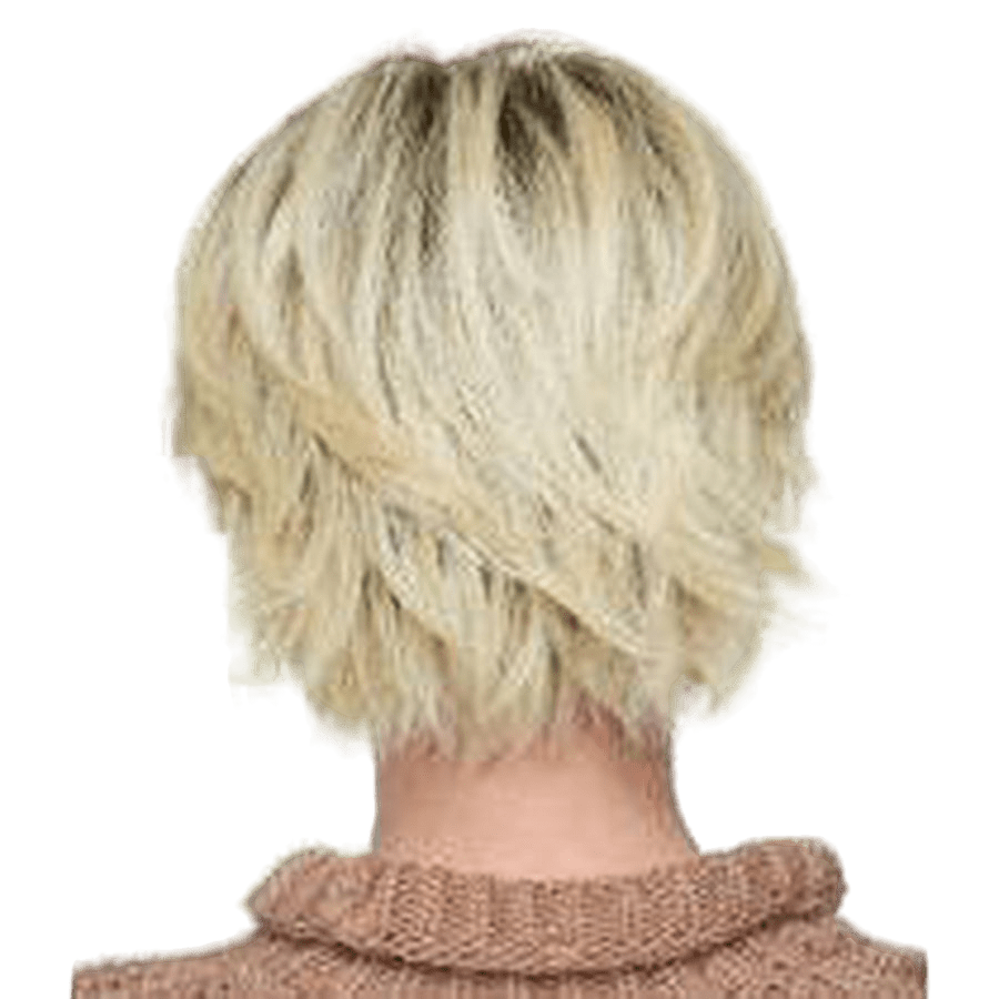 Back view of a person with a short, layered blonde wig or hairpiece, wearing a brown knit turtleneck sweater against a plain white background.
