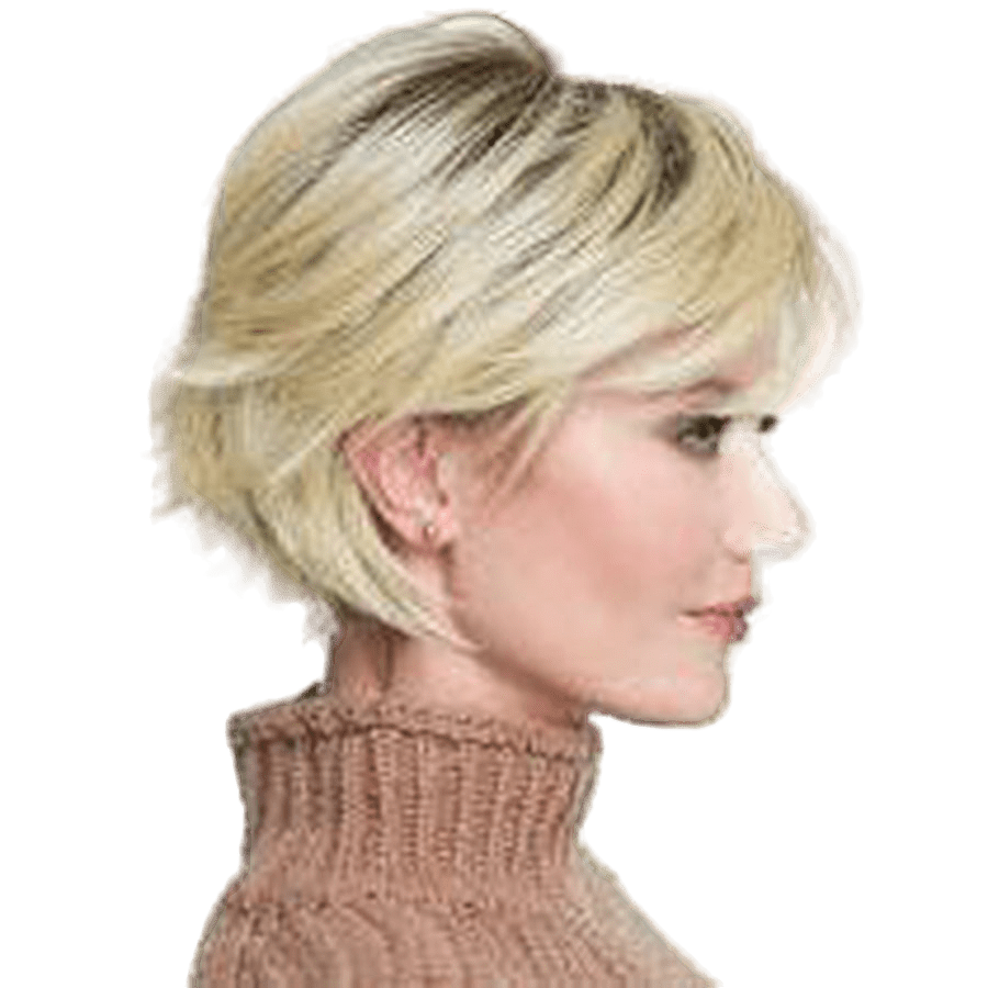 Side profile of a woman with short blonde hair wearing a ribbed turtleneck sweater, isolated on a white background.