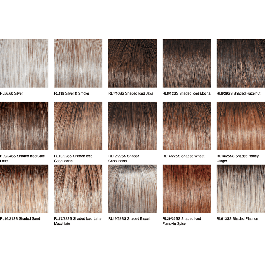 A grid of 15 hair color swatches labeled with shade names such as Silver, Silver & Smoke, Iced Java, Shaded Cocoon, Honey Ginger, and Platinum, showing straight hair samples in different blended tones.