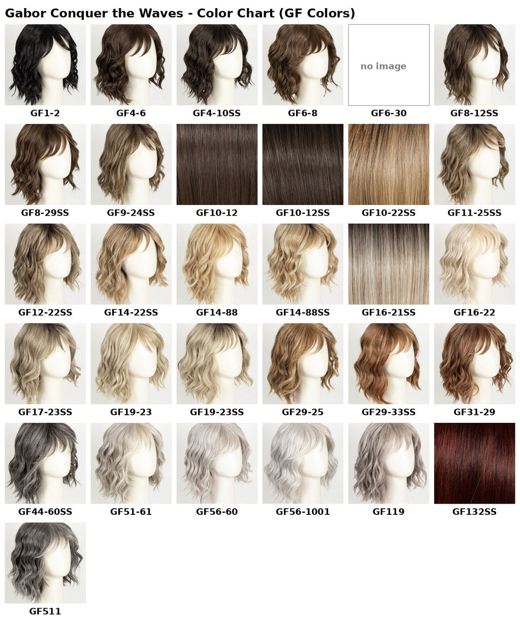 A color chart grid showing many wavy wig styles labeled GF colors, with mannequin heads displaying different hair shades and textures. The top text reads 'Gabor Conquer the Waves - Color Chart (GF Colors)'.