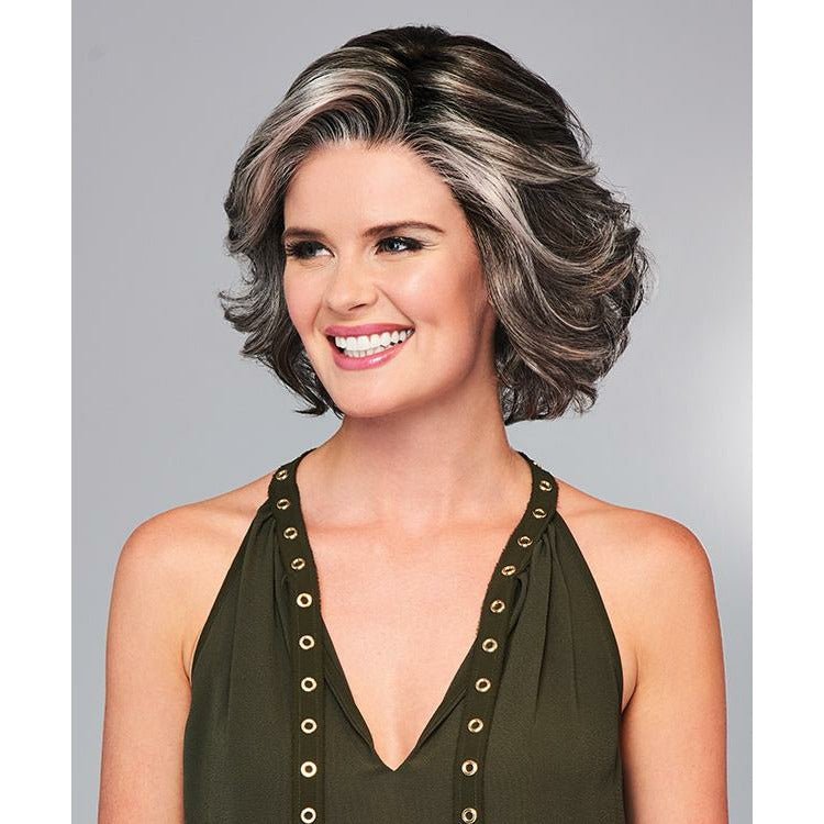 Woman with styled hair against a gray background. Eva Gabor High Impact Wig Hairpiece New With Tags
