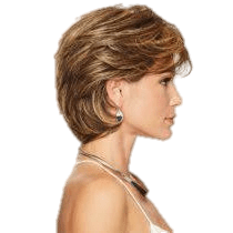 A woman shown in side profile wearing a short layered wig with warm brown and golden blonde highlights, against a plain white background.