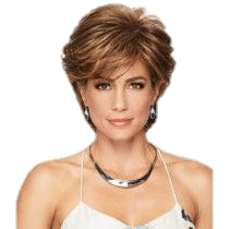 A woman wearing a short, layered, textured brown wig against a plain white background.