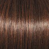 A close-up of straight, glossy hair in a medium-to-dark brown shade with subtle warm highlights.