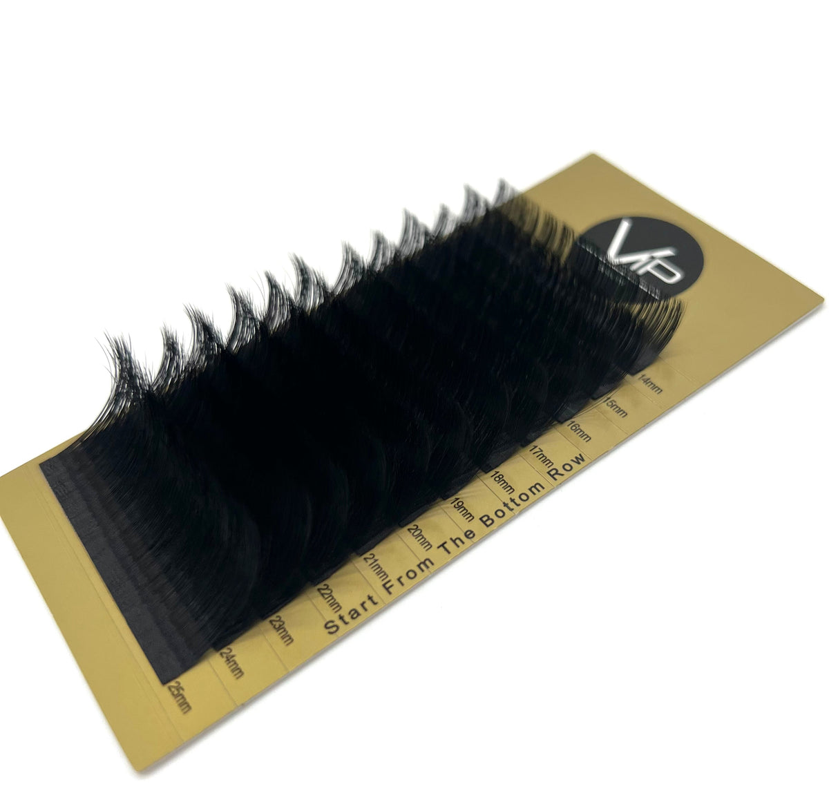 Close-up of a professional-grade VIP Faux Mink Lash Extension tray featuring 12 organized rows of ultra-fine 0.05mm lash strips. The lashes display a consistent, glamorous C-curl shape and a deep black finish. The packaging is sl