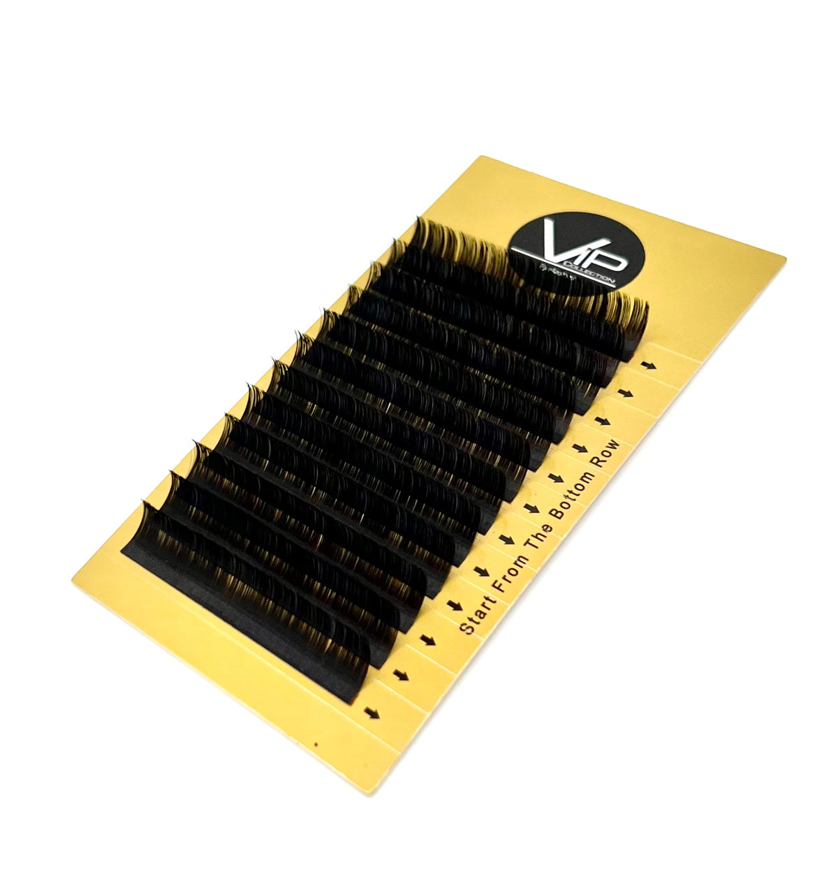 Set of false eyelashes on a yellow tray with a brand logo on a white background
