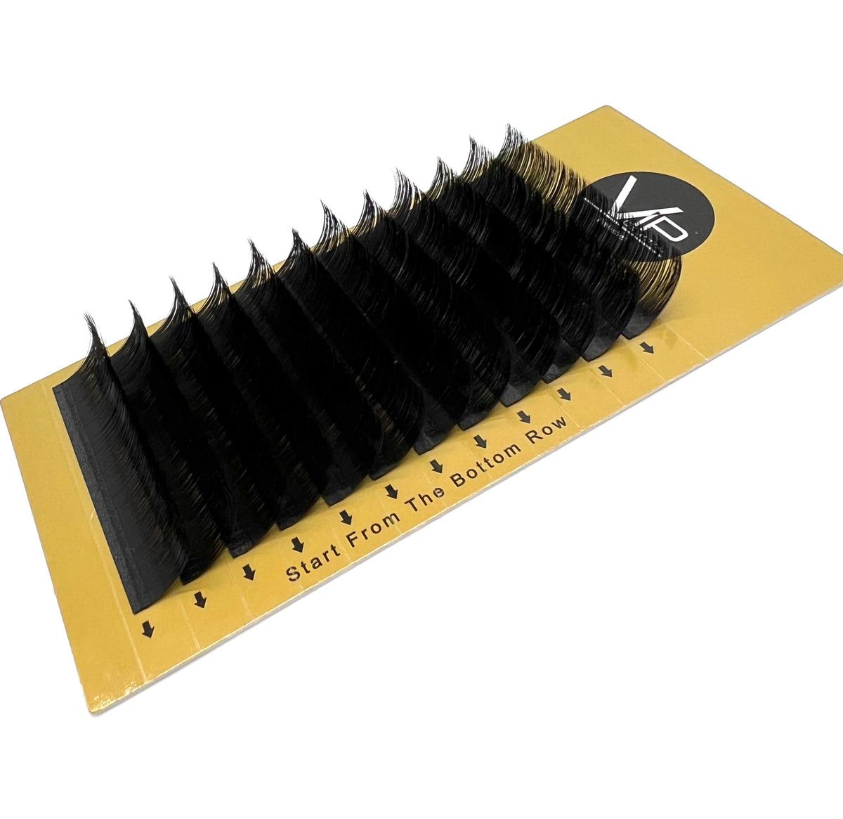 VIP Faux Mink Lash Extension tray, 12 lines, C curl, 0.05mm thickness, featuring a mix of lengths in professional black packaging for eyelash extensions.
