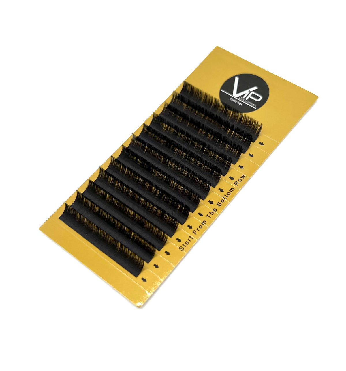 A professional lash extension tray containing 12 lines of VIP Faux Mink C-curl lashes with a 0.05mm thickness, featuring a diverse range of lengths designed for creating customized, high-volume professional lash sets.