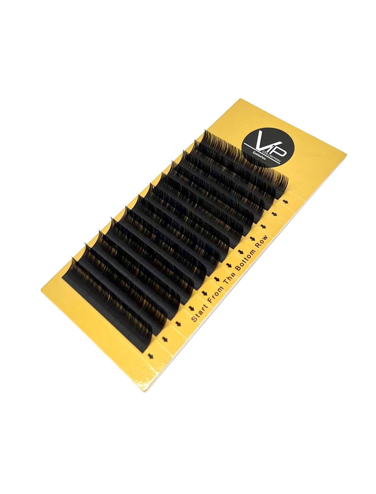 Set of false eyelashes on a yellow card with a brand logo on a white background