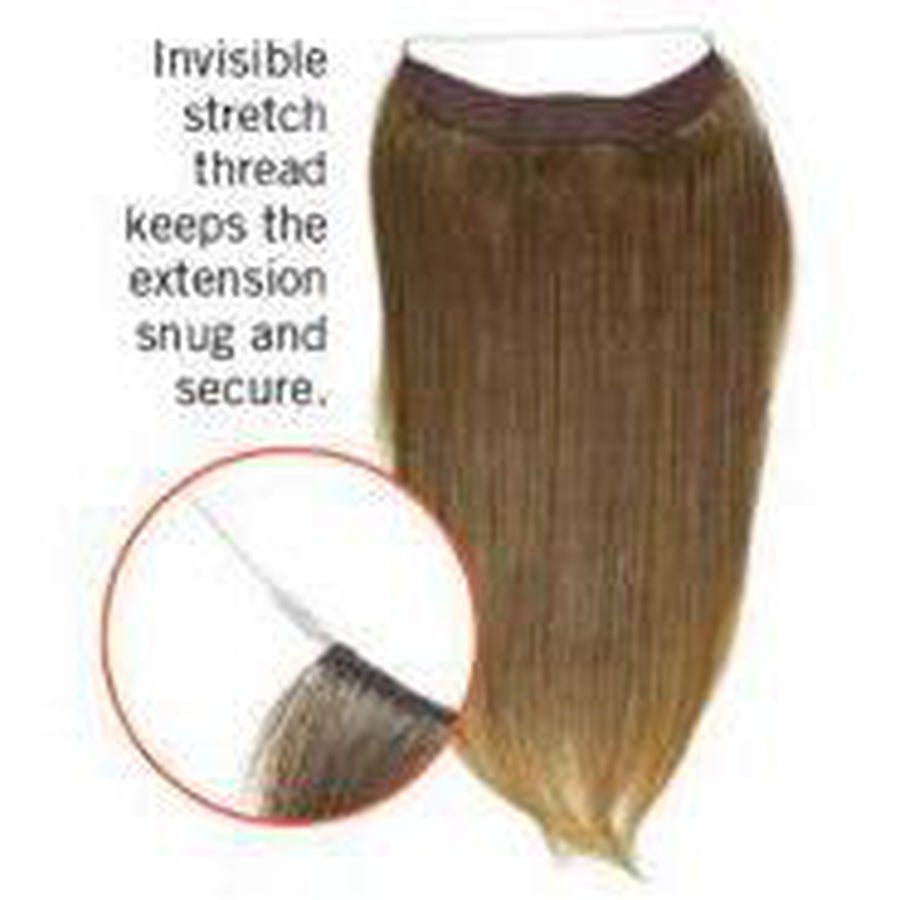 Hair extension with an invisible stretch thread highlighted on a white background