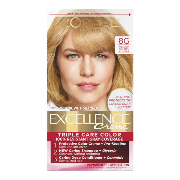 L’Oréal Paris Excellence Crème Triple Care Permanent Hair Color 8G Medium Golden Blonde box with model, 100% gray coverage, shampoo and conditioner.