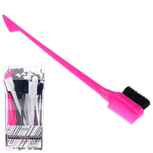 A professional product photograph of a pink edge control brush featuring a transparent, sleek handle, displayed inside clear protective retail packaging against a clean, solid white background.