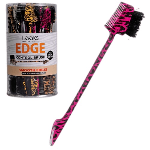 Professional product shot of a black and pink patterned edge control brush featuring a sleek, ergonomic design, displayed alongside its branded 'LQQKS Edge' retail packaging against a clean, solid white background.