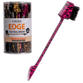 Professional product shot of a black and pink patterned edge control brush featuring a sleek, ergonomic design, displayed alongside its branded 'LQQKS Edge' retail packaging against a clean, solid white background.