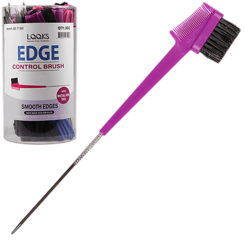 Write concise, descriptive alt text for the LQQKS Edge Control Brush product images. The text should clearly identify the product and mention its key features, such as the bristle type, handle design, or specific style (e.g., brush with spatula or metal pin tail), to improve accessibility and SEO for the Thai Luxury Hair online store.