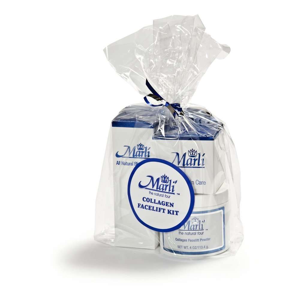 Marli’s Collagen Lifting Facial Kit with EDA Revitalizing Moisturizer, complete anti-aging facial skincare set with collagen facelift powder and moisturizing treatment, designed to help hydrate, smooth, firm and revitalize the appearance of mature or dry skin, gift-wrapped in clear cellophane with blue ribbon on white background