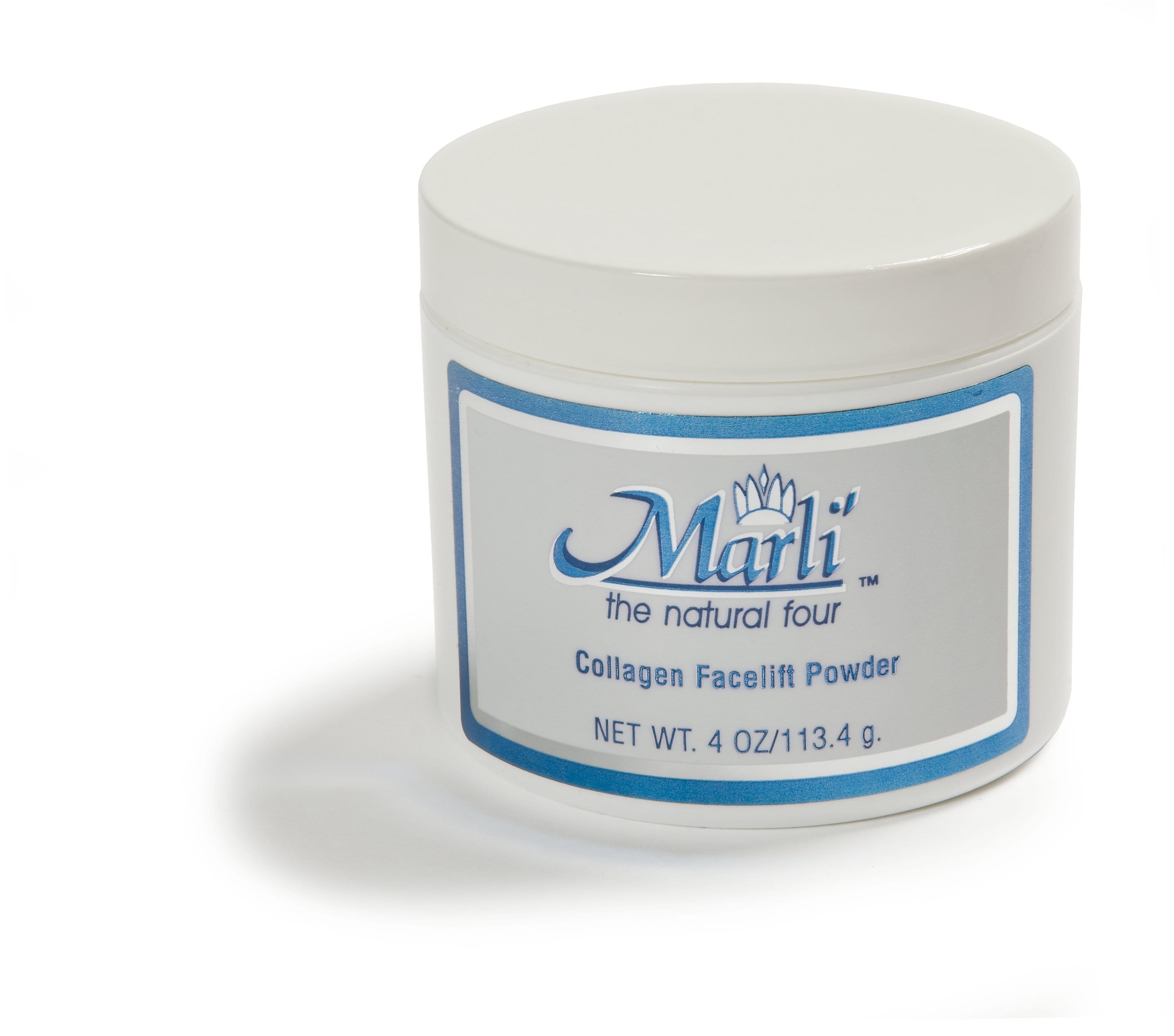 Marli Collagen Facelift Powder 4 oz skincare treatment, part of the Collagen Lifting Facial Kit with Marli’s EDA Revitalizing Moisturizer for a firmer, smoother, refreshed-looking complexion