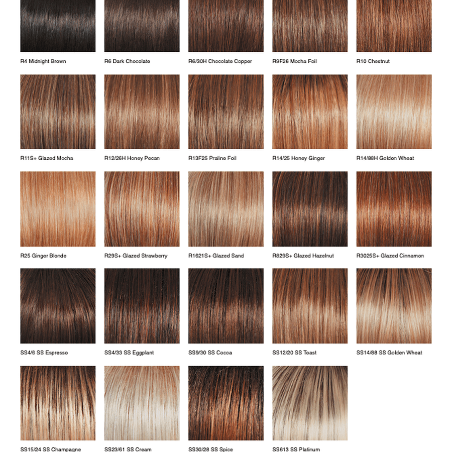 A hair color swatch chart showing multiple rectangular samples of different hair tones and textures, labeled with names such as R4 Midnight Brown, R6 Dark Chocolate, R11+ Glazed Blonde, and SS Cream.