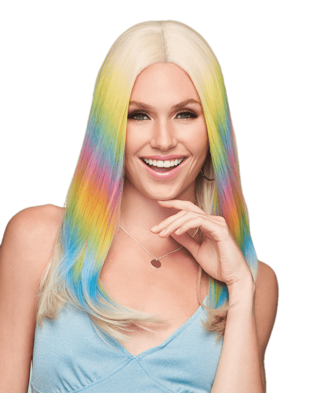 Hairdo Dance Till Dawn Wig with long platinum blonde hair and vibrant rainbow pastel yellow, blue, pink and orange highlights, synthetic women’s wig