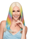 Hairdo Dance Till Dawn Wig with long platinum blonde hair and vibrant rainbow pastel yellow, blue, pink and orange highlights, synthetic women’s wig