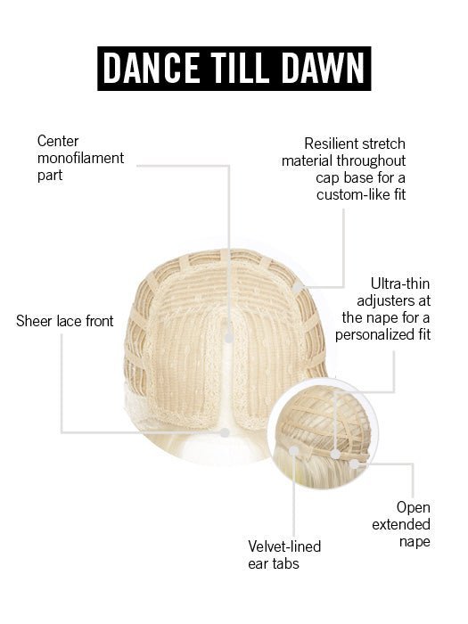 Hairdo Dance Till Dawn Wig cap construction diagram featuring sheer lace front, center monofilament part, resilient stretch cap, ultra-thin nape adjusters, velvet-lined ear tabs and open extended nape for a secure custom fit