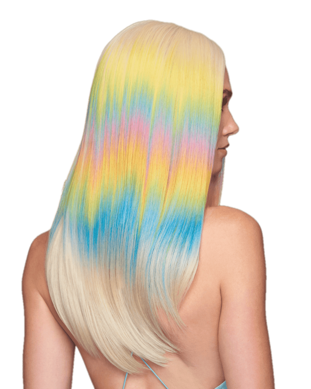Hairdo Dance Till Dawn Wig with long straight platinum blonde hair, vibrant pastel rainbow yellow, blue, pink and orange highlights, synthetic women’s fashion wig for festivals, parties and cosplay