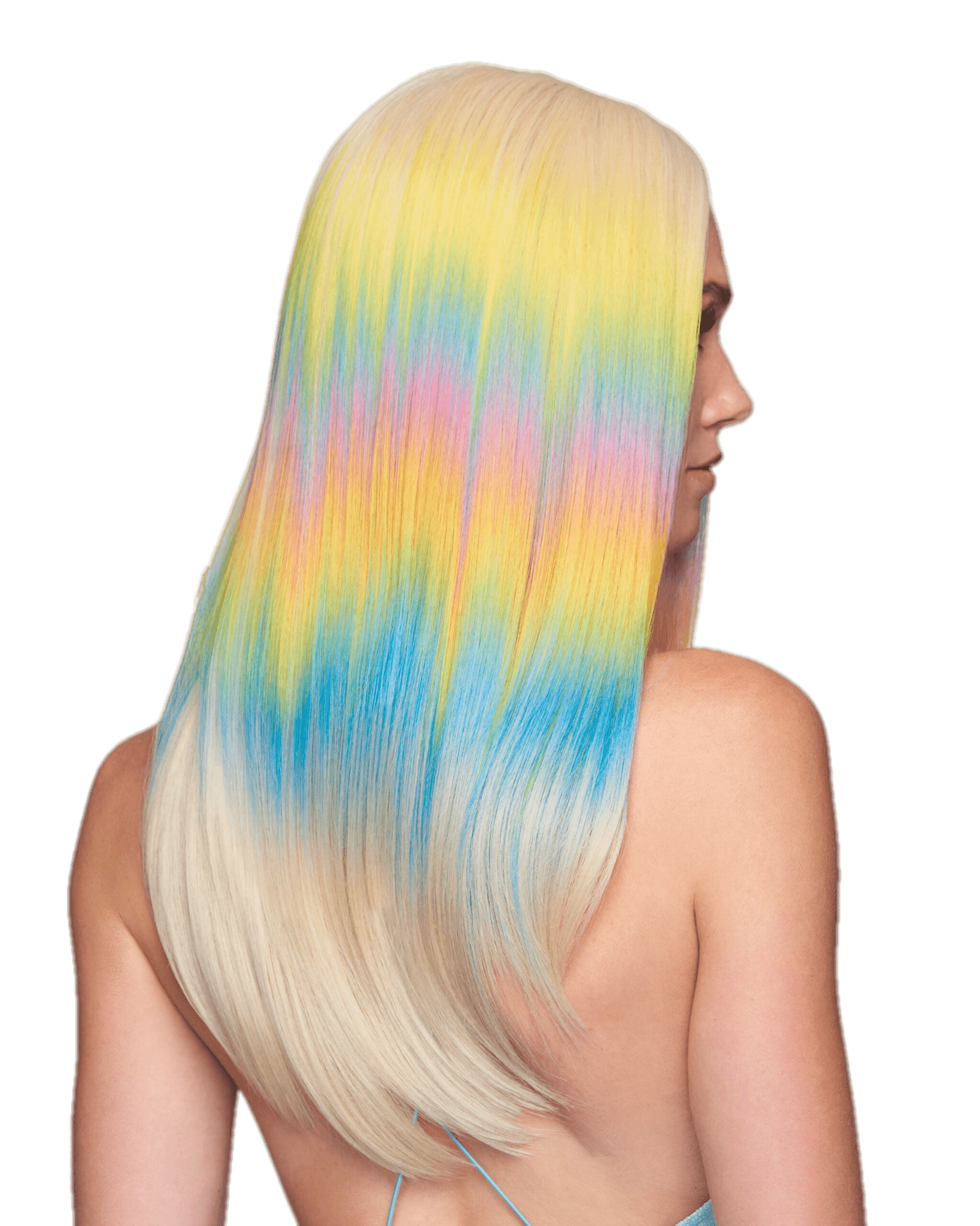 Hairdo Dance Till Dawn Wig with long straight platinum blonde hair, vibrant pastel rainbow yellow, blue, pink and orange highlights, synthetic women’s fashion wig for festivals, parties and cosplay