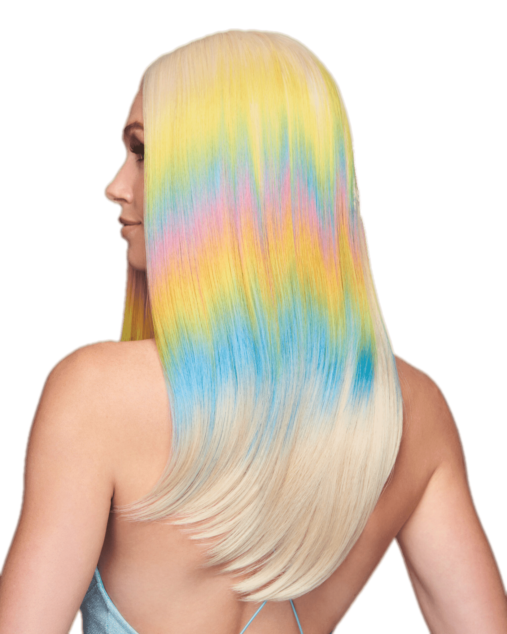 Hairdo Dance Till Dawn Wig – long straight platinum blonde synthetic wig with vibrant pastel rainbow yellow, blue, pink and orange highlights, sleek women’s fashion wig by Hairdo for colorful festival, party, cosplay and statement hairstyles