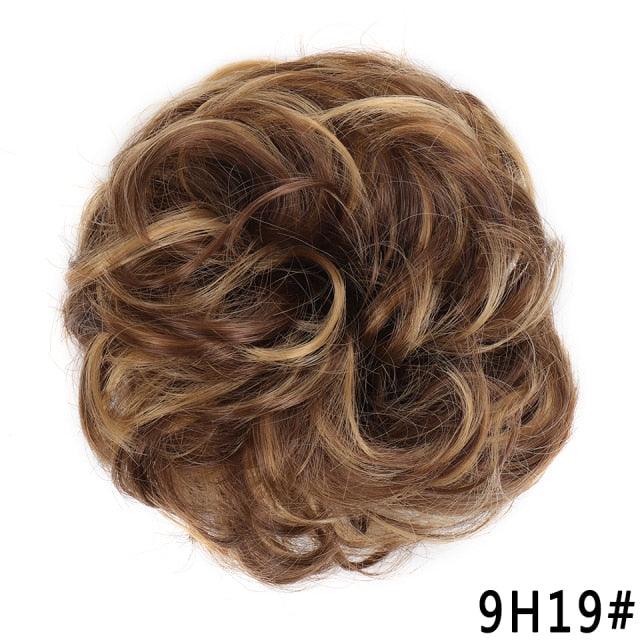 Brown Highlight Curly Messy Bun Hairpiece 9H19, Heat-Resistant Synthetic Chignon Donut Bun Extension for Women & Girls, Easy Updo Ponytail Hair Accessory