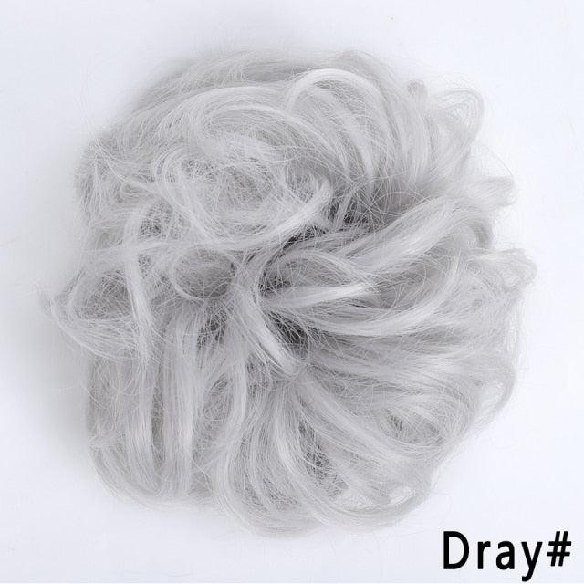 Gray curly synthetic messy bun chignon hair extension for women and girls, heat-resistant donut updo ponytail hairpiece, Dray color