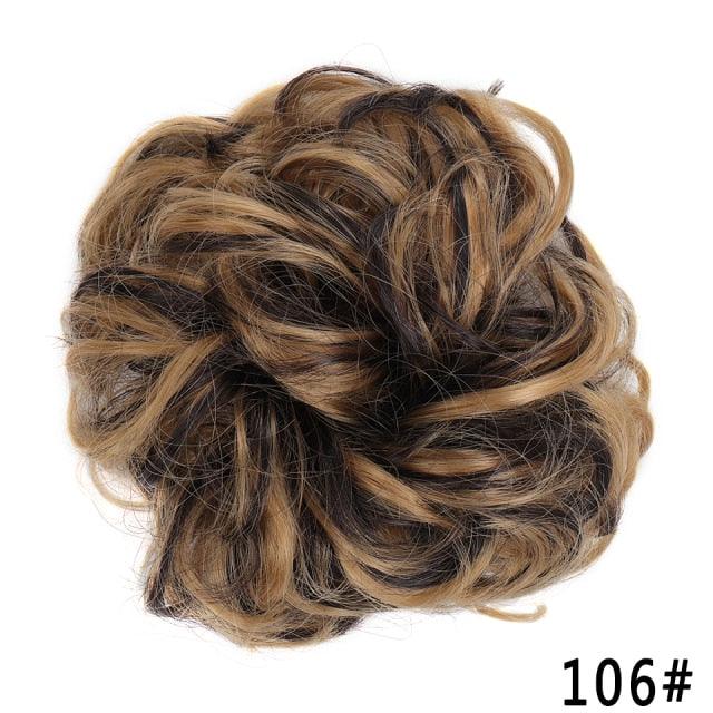 Brown Blonde Highlight Synthetic Curly Messy Bun Chignon Hairpiece, Heat-Resistant Donut Bun Extension for Women & Girls, Color 106