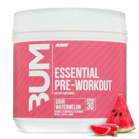 Create concise, descriptive alt text for the RAW Nutrition Essential Pre-Workout product image that includes the brand name, product name, and flavor, while noting its purpose as a pre-workout supplement for SEO optimization.