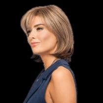 A woman with a short, layered blonde bob hairstyle wearing a dark blue sleeveless top, shown in profile against a solid black background.