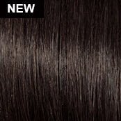 Close-up of dark brown hair extensions labeled 'NEW'.