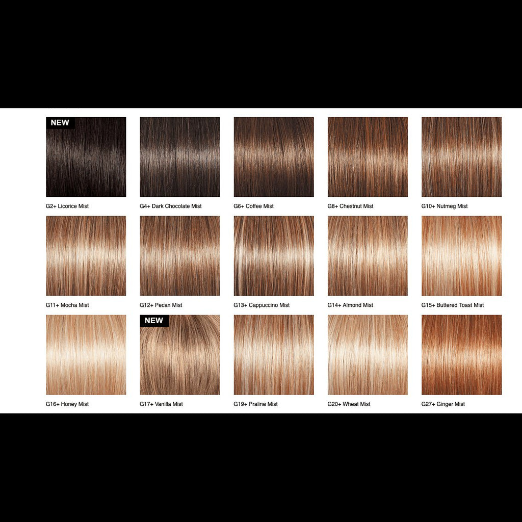 A hair color swatch chart showing multiple straight hair samples in different shades, labeled with color names such as Lorraine, Dark Chocolate, Coffee, Chestnut, Nutmeg, Mohair, Pecan, Cappuccino, Almond, Buttered Toast, Honey, Vanilla, Prairie, Wheel, and Ginger. The chart is arranged in a grid on a white background with black bars above and below.
