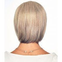 A short, straight bob wig with blonde and light brown highlights, shown from the back on a model against a white background.