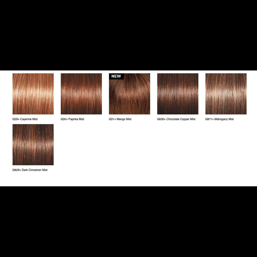 A hair color swatch chart showing six different shades of brown hair: G20v Cinnamon Mist, G20v Figtree Mist, G21+ Mango Mist, G20v Chocolate Copper Mist, G21+ Balayage Mist, and G20v Dark Cinnamon Mist. The chart is set against a white background with black letterboxing at the top and bottom.