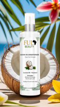 Leave-in conditioner bottle with coconut and tropical leaves on a bright background. The Fula Leave-in Conditioner