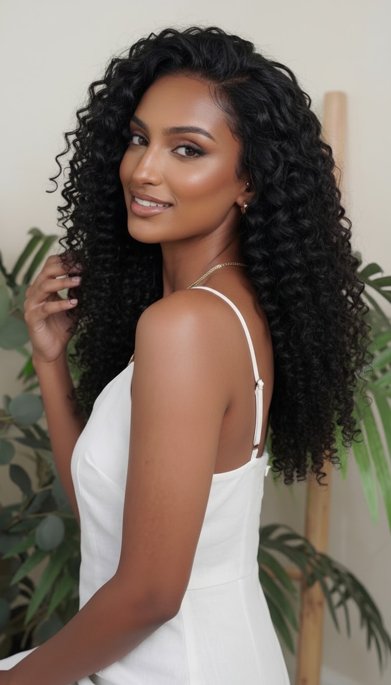 Woman with long, curly hair wearing a white dress against a green plant background