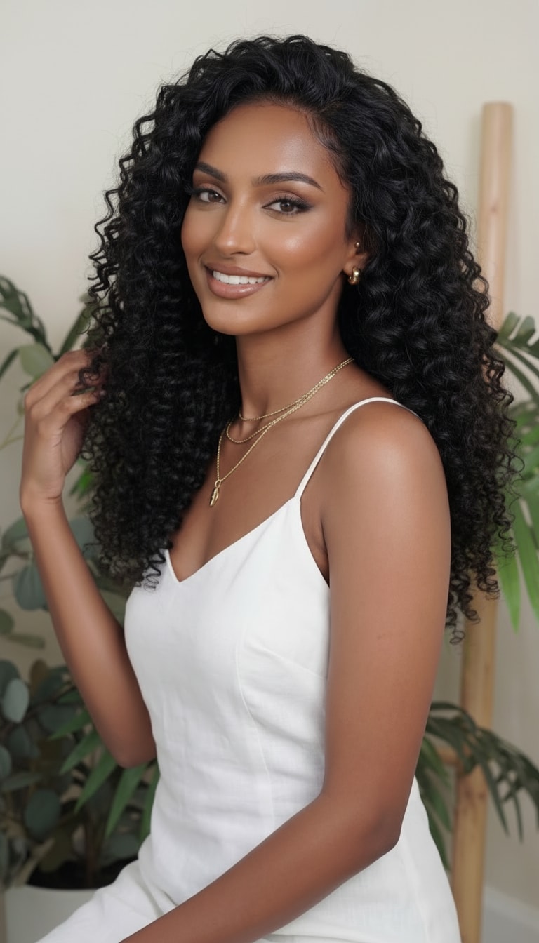 Woman with long, curly hair wearing a white dress indoors.