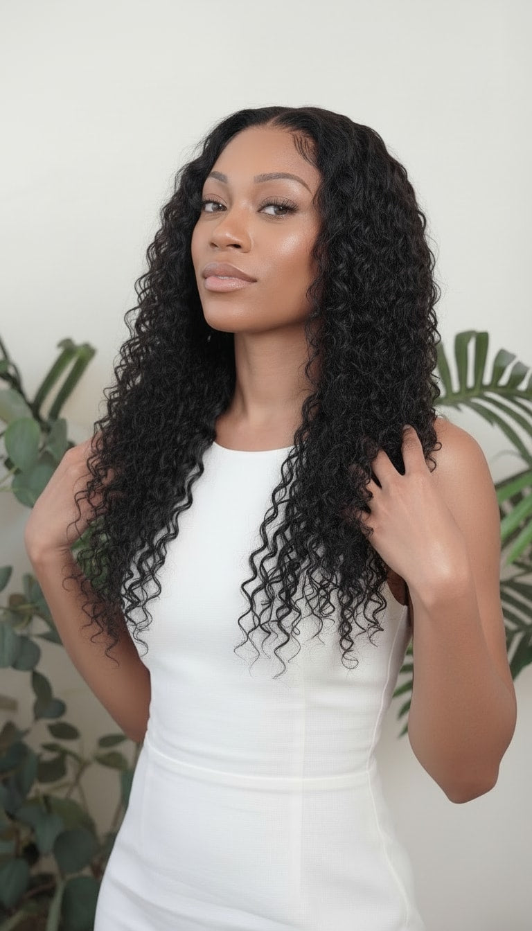 Woman with long, curly black hair wearing a white dress against a green leafy background Water Curly Wefted Bundle - 100% Human Hair, Double Drawn 18" to 26" inch Bundles