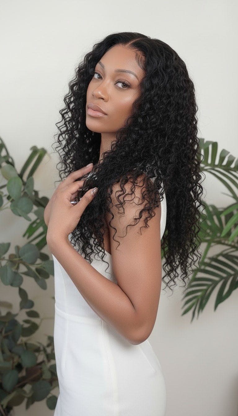 Woman with long, curly hair wearing a white dress against a green leafy background Water Curly Wefted Bundle - 100% Human Hair, Double Drawn 18" to 26" inch Bundles