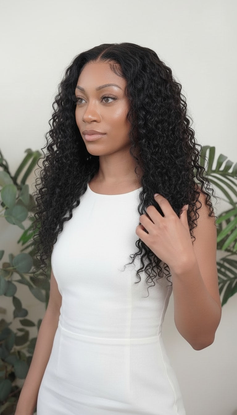 Woman with long, curly hair wearing a white dress against a neutral background Water Curly Wefted Bundle - 100% Human Hair, Double Drawn 18" to 26" inch Bundles