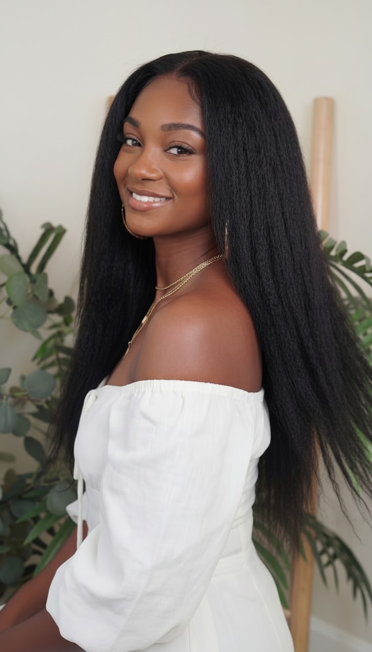 Woman with long black hair wearing a white off-shoulder top in a natural setting with plants.